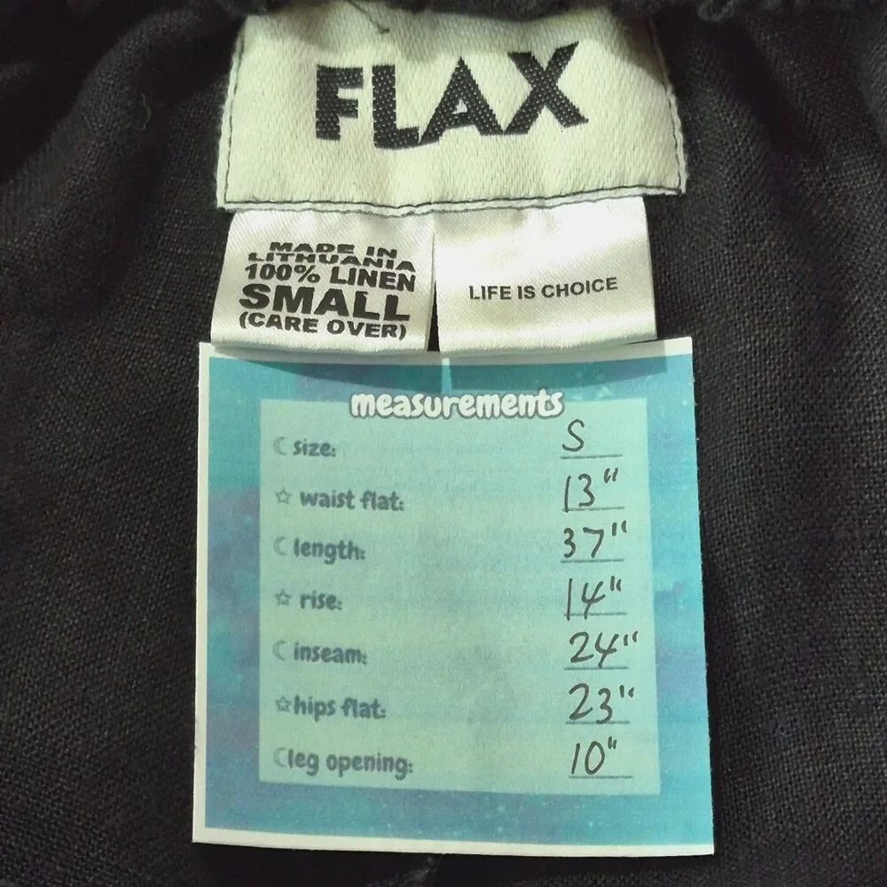 FLAX DESIGNS Black Linen Wide Leg Floods Pant Sz S Pull On Pockets Relaxed Ankle